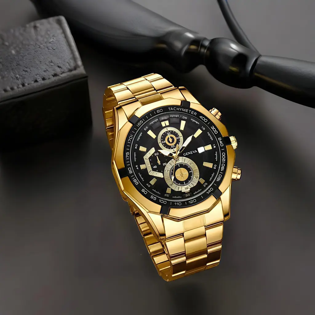 GOLDEN MAN WATCH GOLDEN ZINC ALLOY STAPS BLACK ROUND DIAL PRIMUM LOOKS