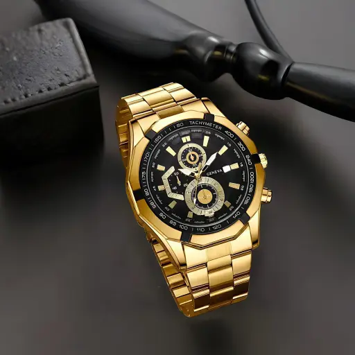 GOLDEN MAN WATCH GOLDEN ZINC ALLOY STAPS BLACK ROUND DIAL PRIMUM LOOKS